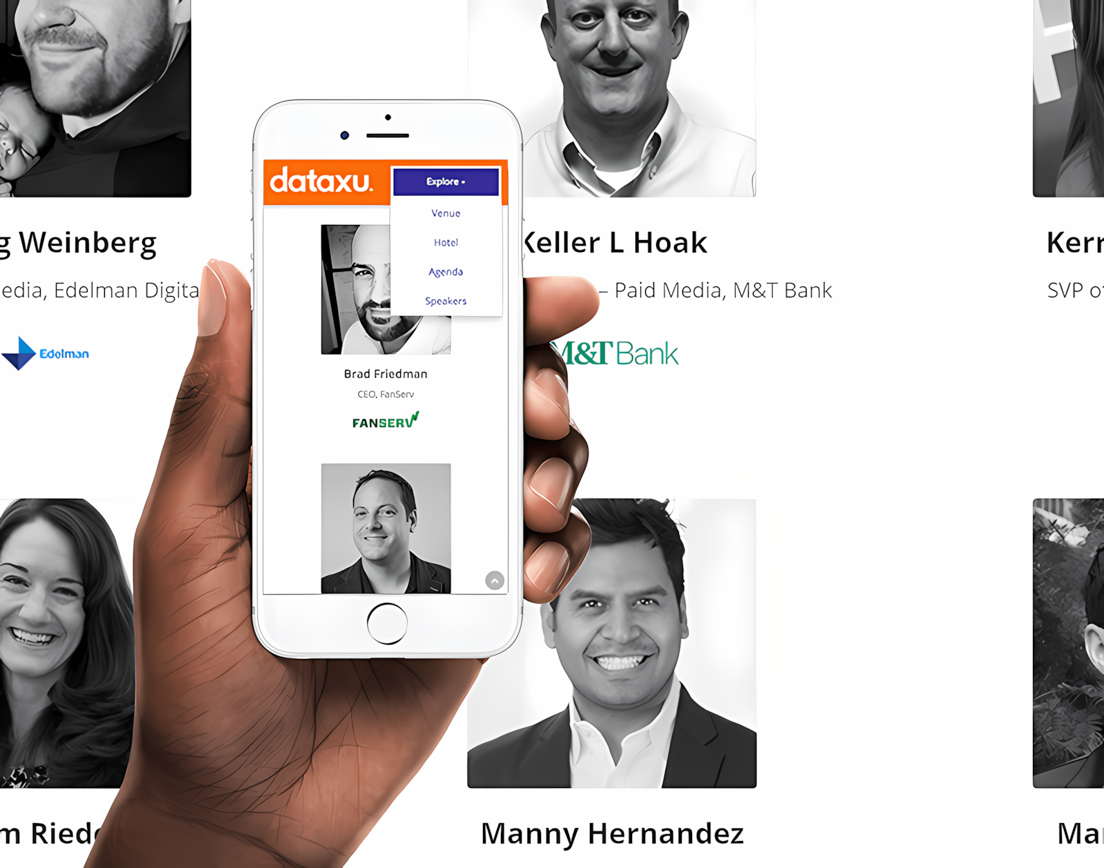 Hand holding mobile phone displaying custom navigation menu on dataxu Summit microsite