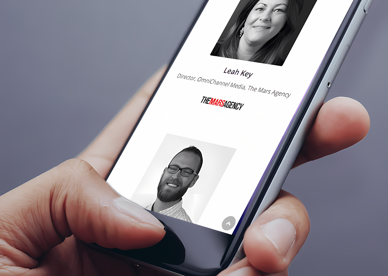 Mobile phone mockup showing speaker information page layout on dataxu Summit microsite