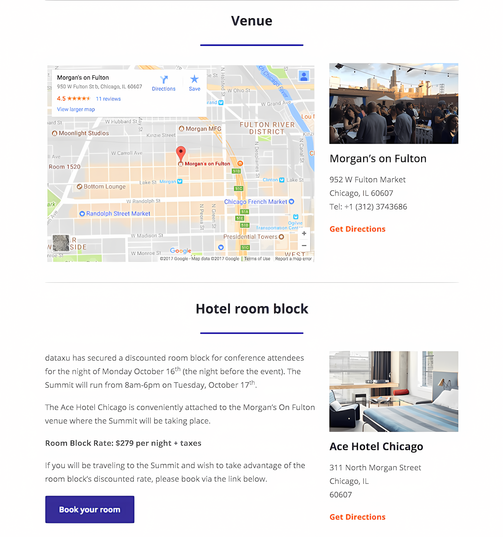 Venue and hotel information page layout from dataxu Summit microsite