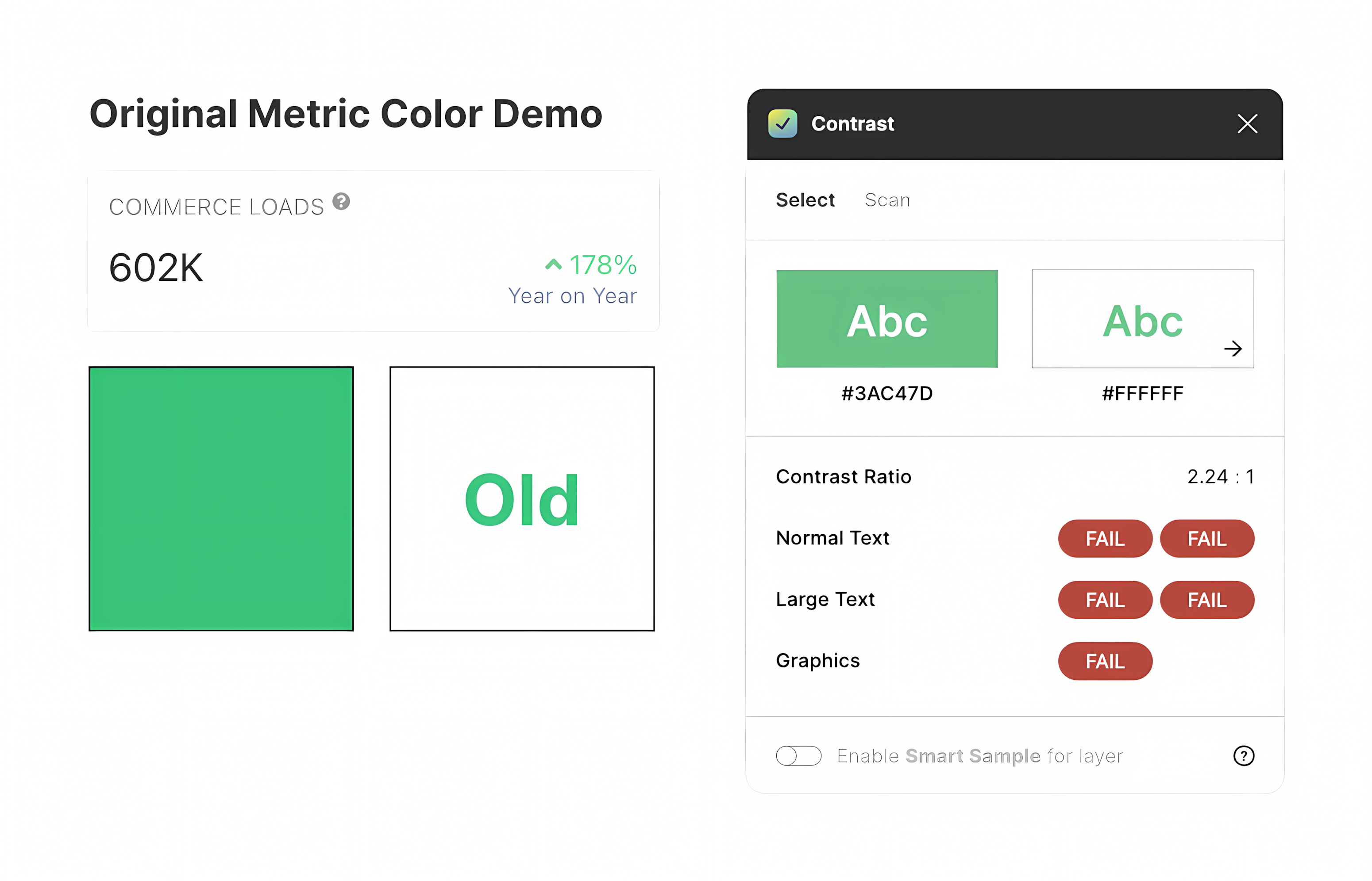 Color accessibility analysis showing failing contrast combinations