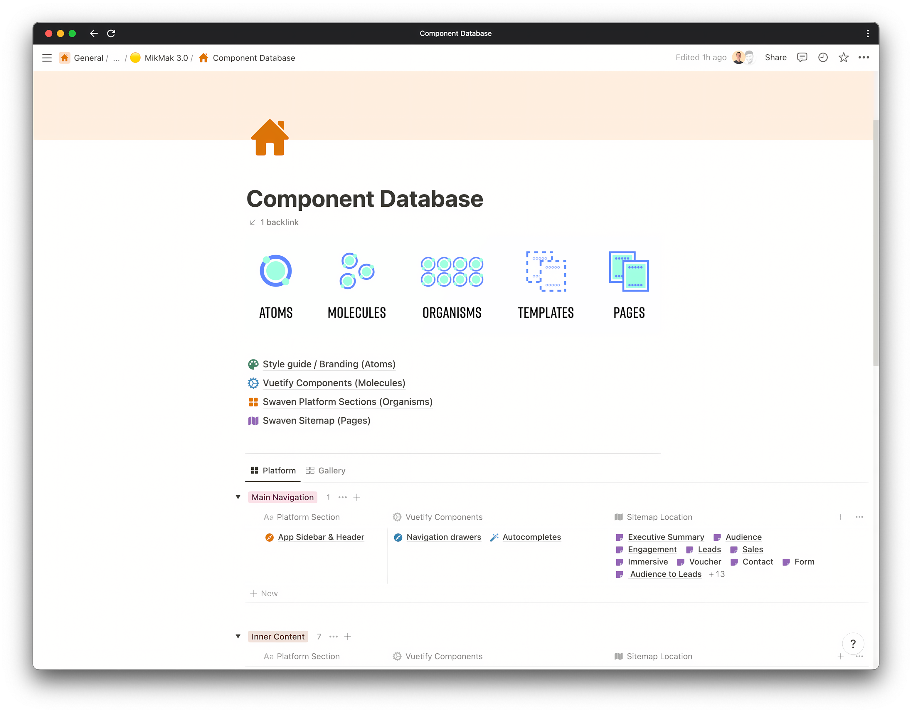 Component overview showing atomic design system hierarchy