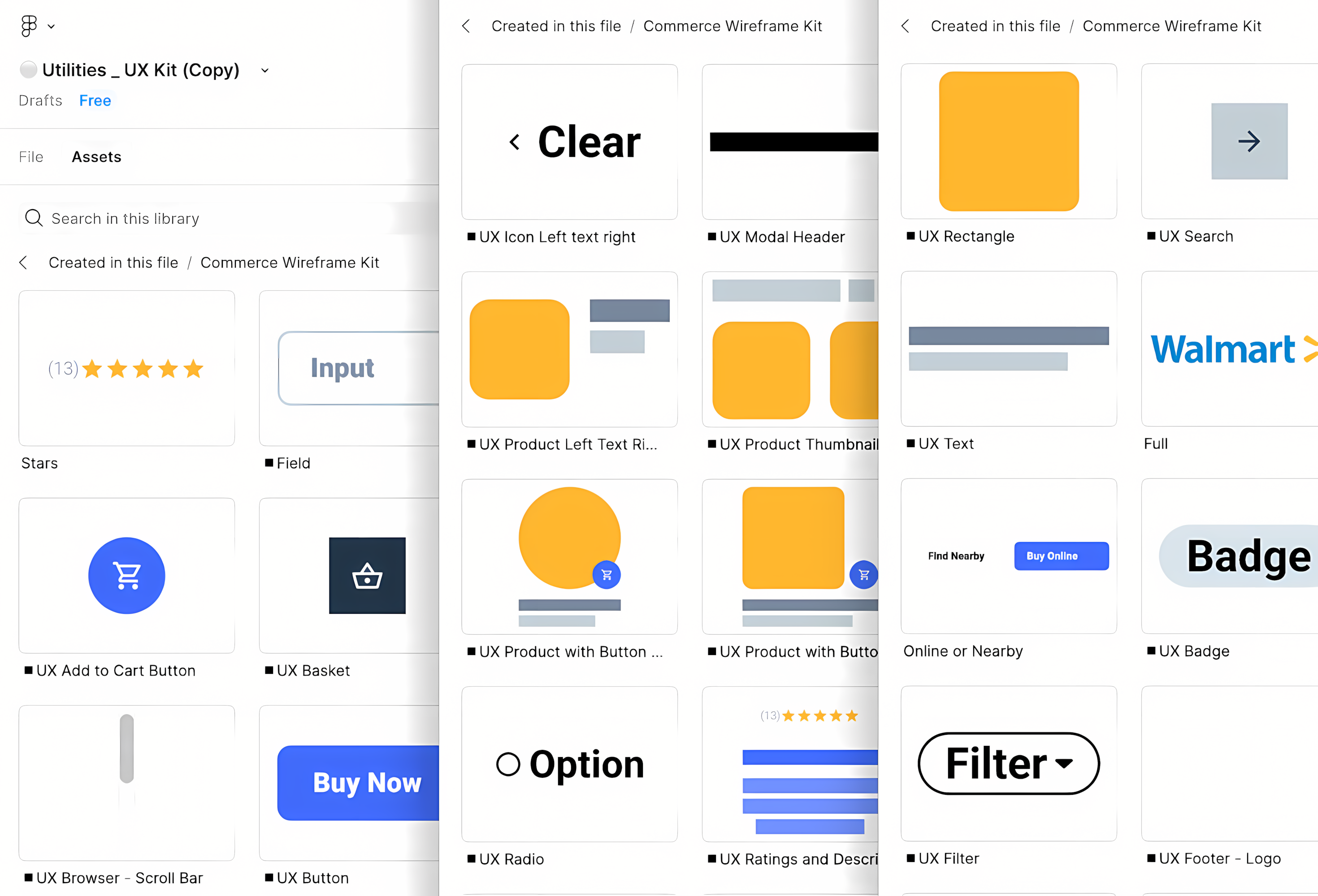 Asset view of the UX kit library in Figma