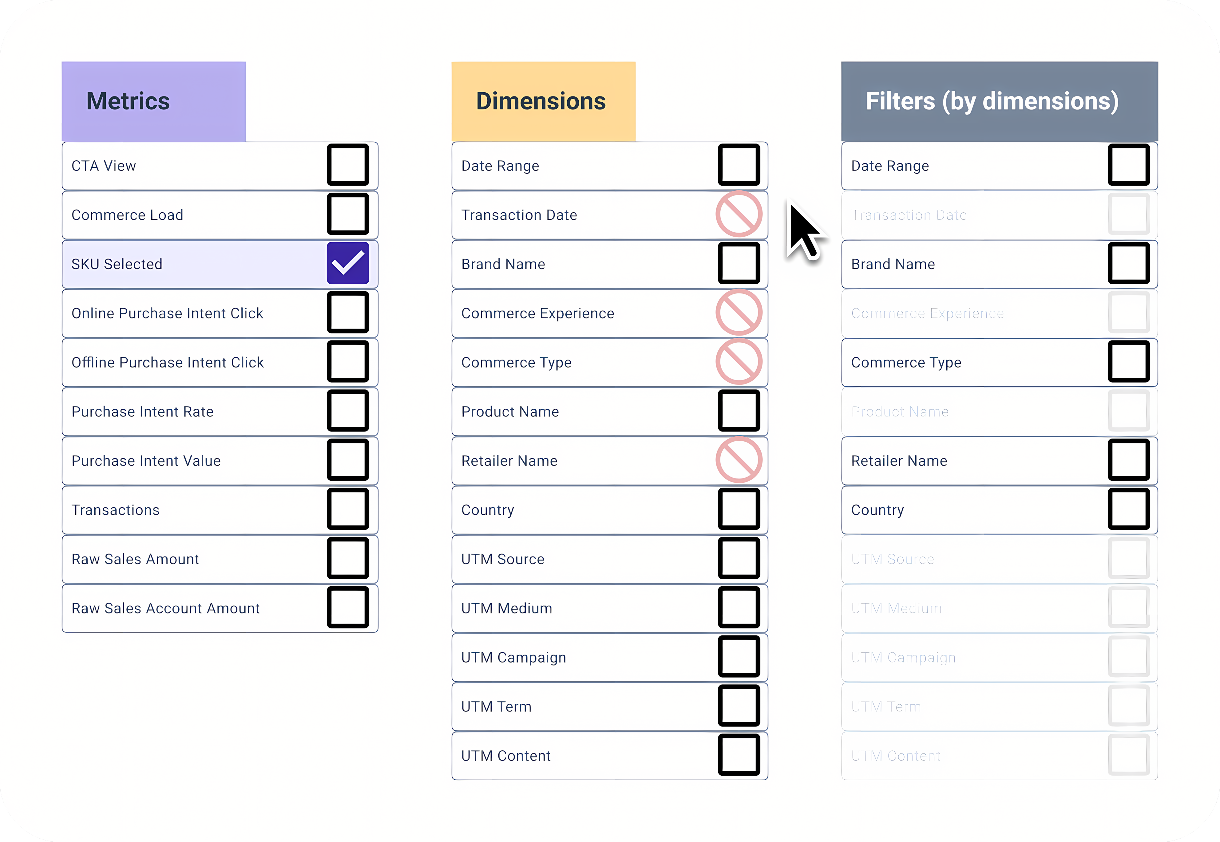 Available dimensions updated, only valid options visible