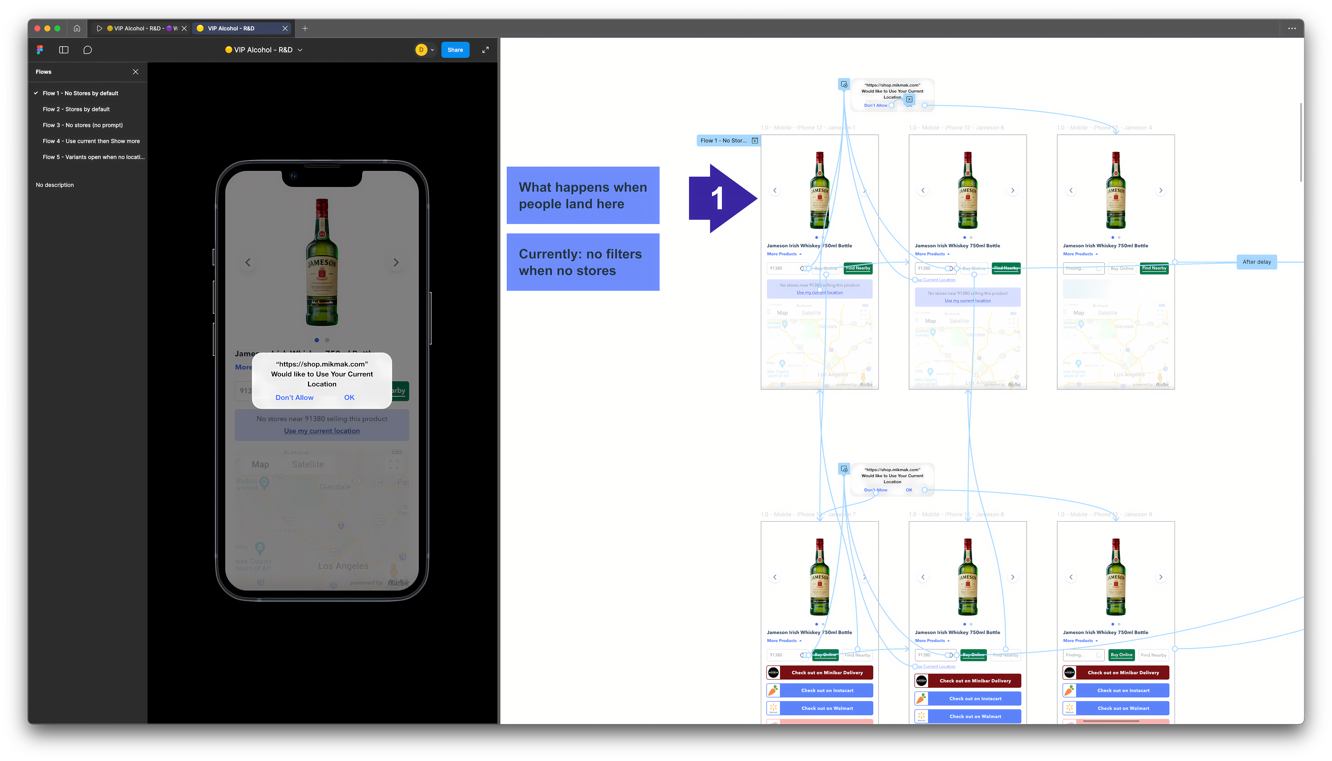 Prototype flow testing different scenarios such as no retailers available