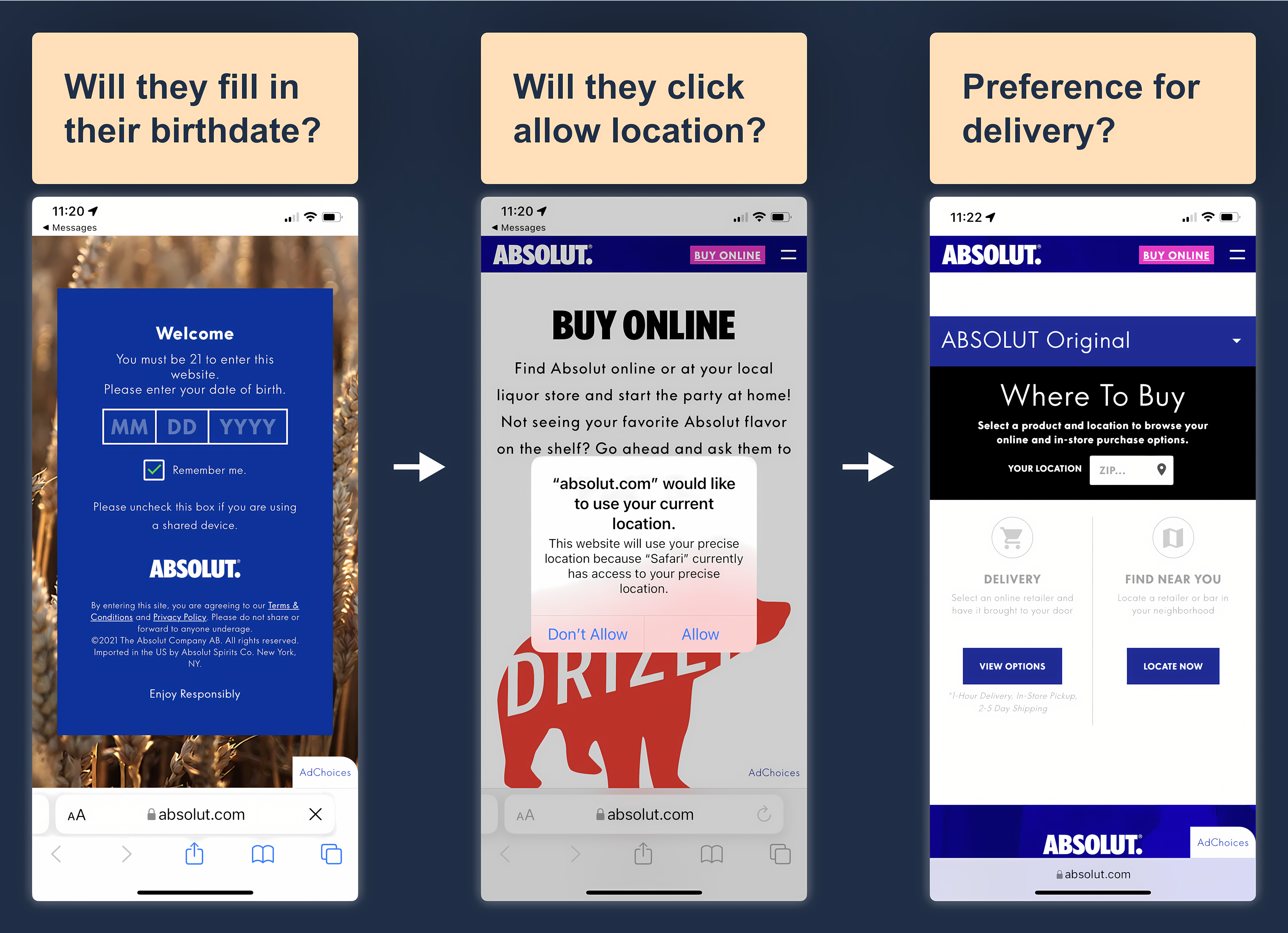 Absolut website showing age gate and location features for user testing