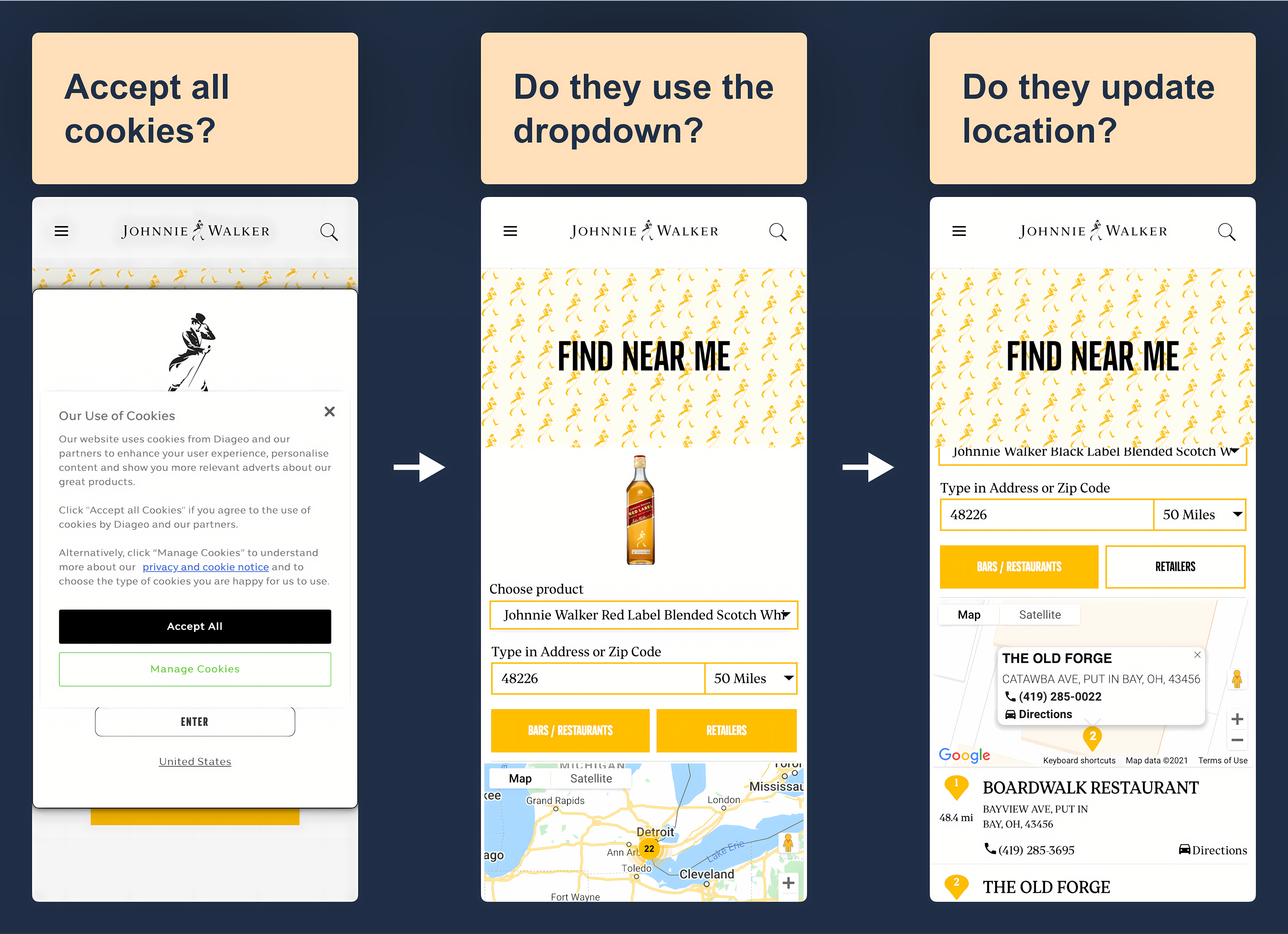 Johnnie Walker website showing filtering and search functionality for user testing