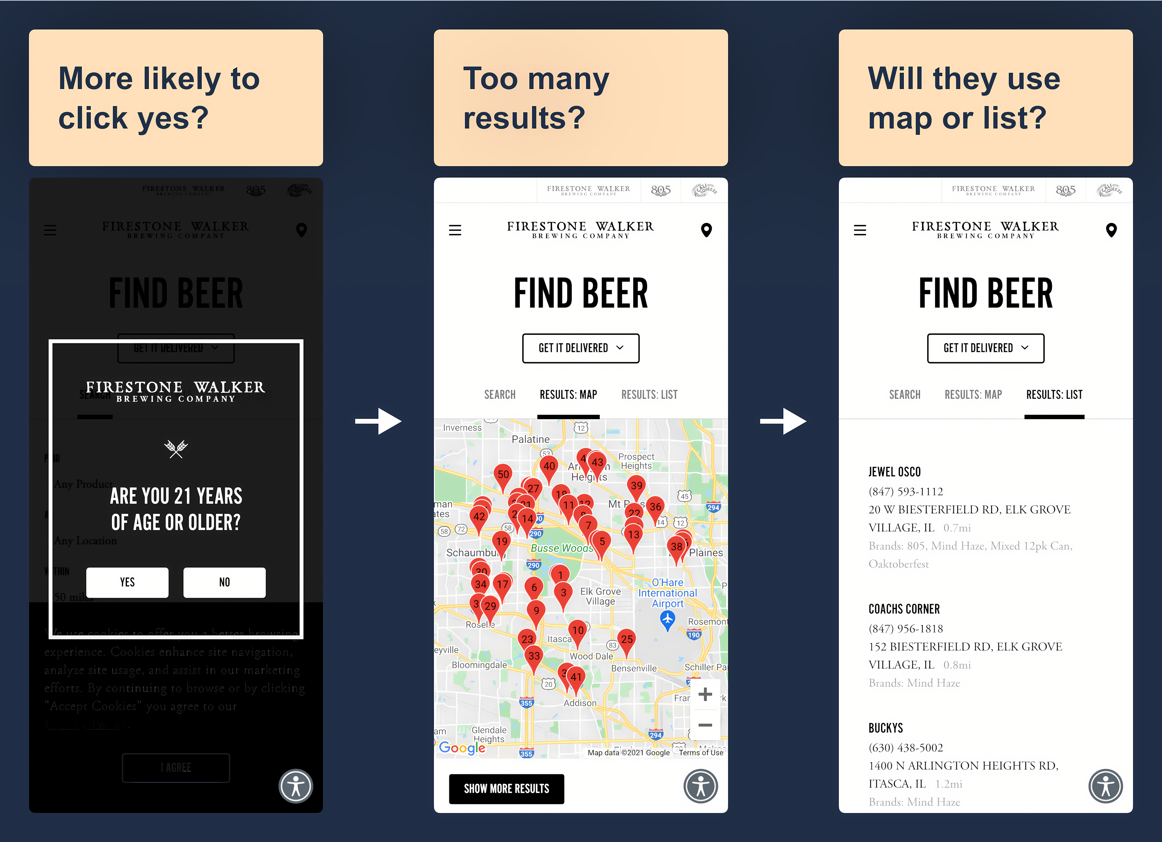 Firestone Walker website showing age verification and view preferences for user testing