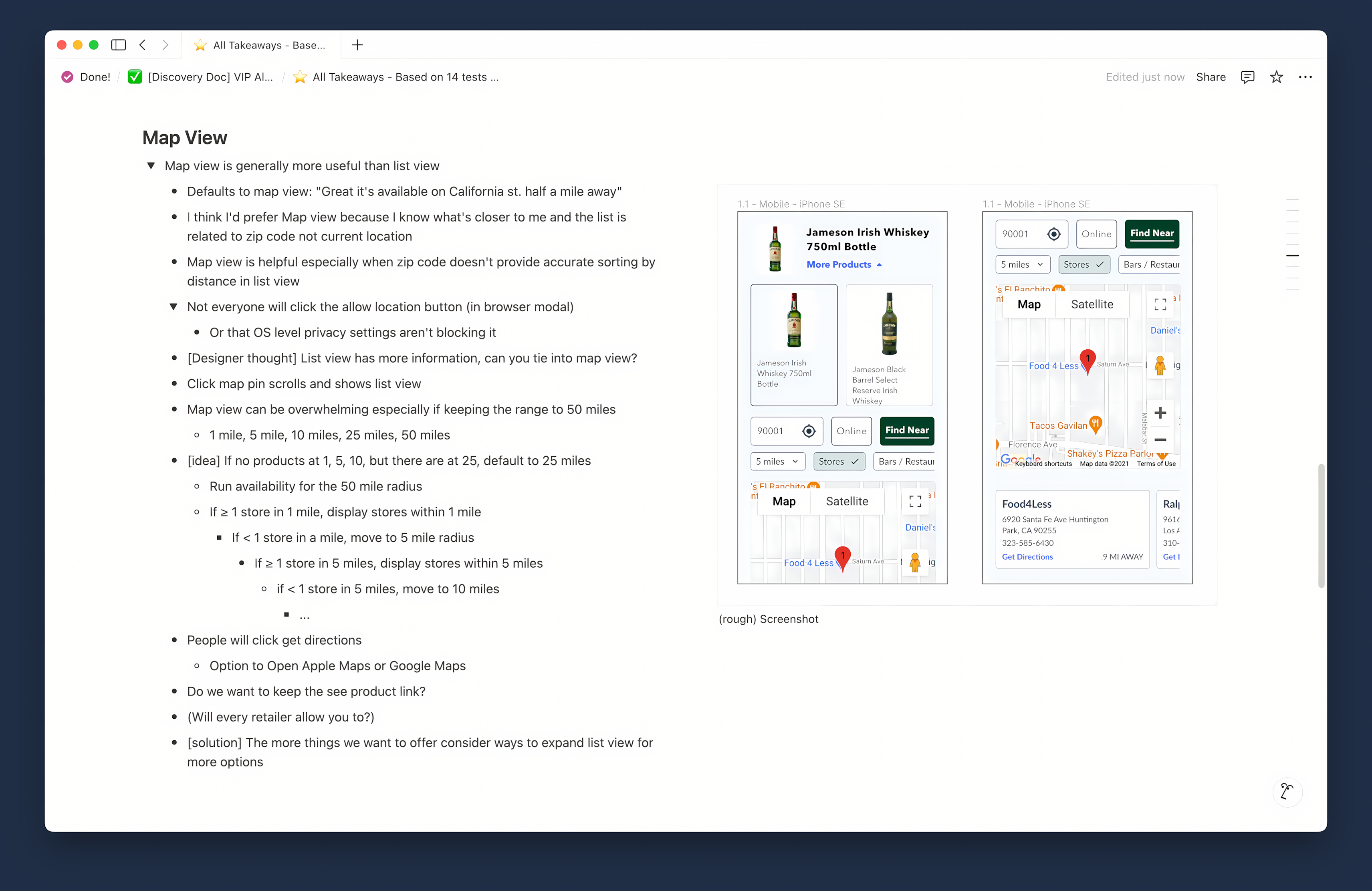 notion doc with notes and screenshot of figma mockup